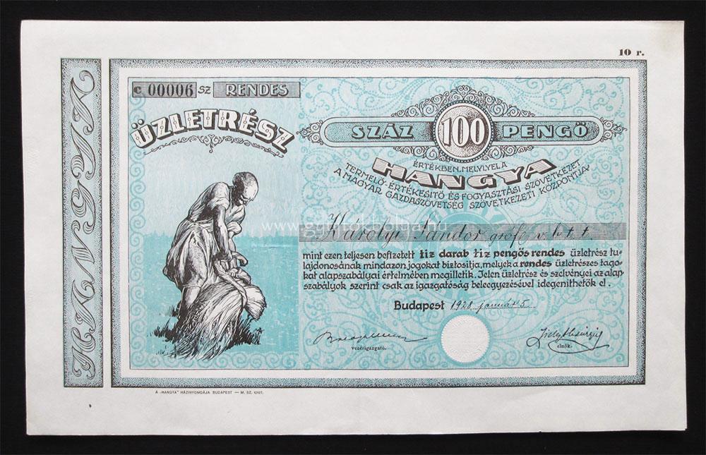 Hangya Sz�vetkezet rendes �zletr�sz 100 peng� 1928